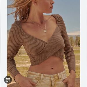 Promesa Brown Ribbed Knit Crossover Cropped Sweater